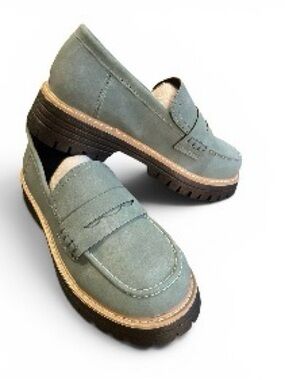 Teal Blue Penny Loafers Suede Casual Dress Shoes Sz 38 Chunky Heel New